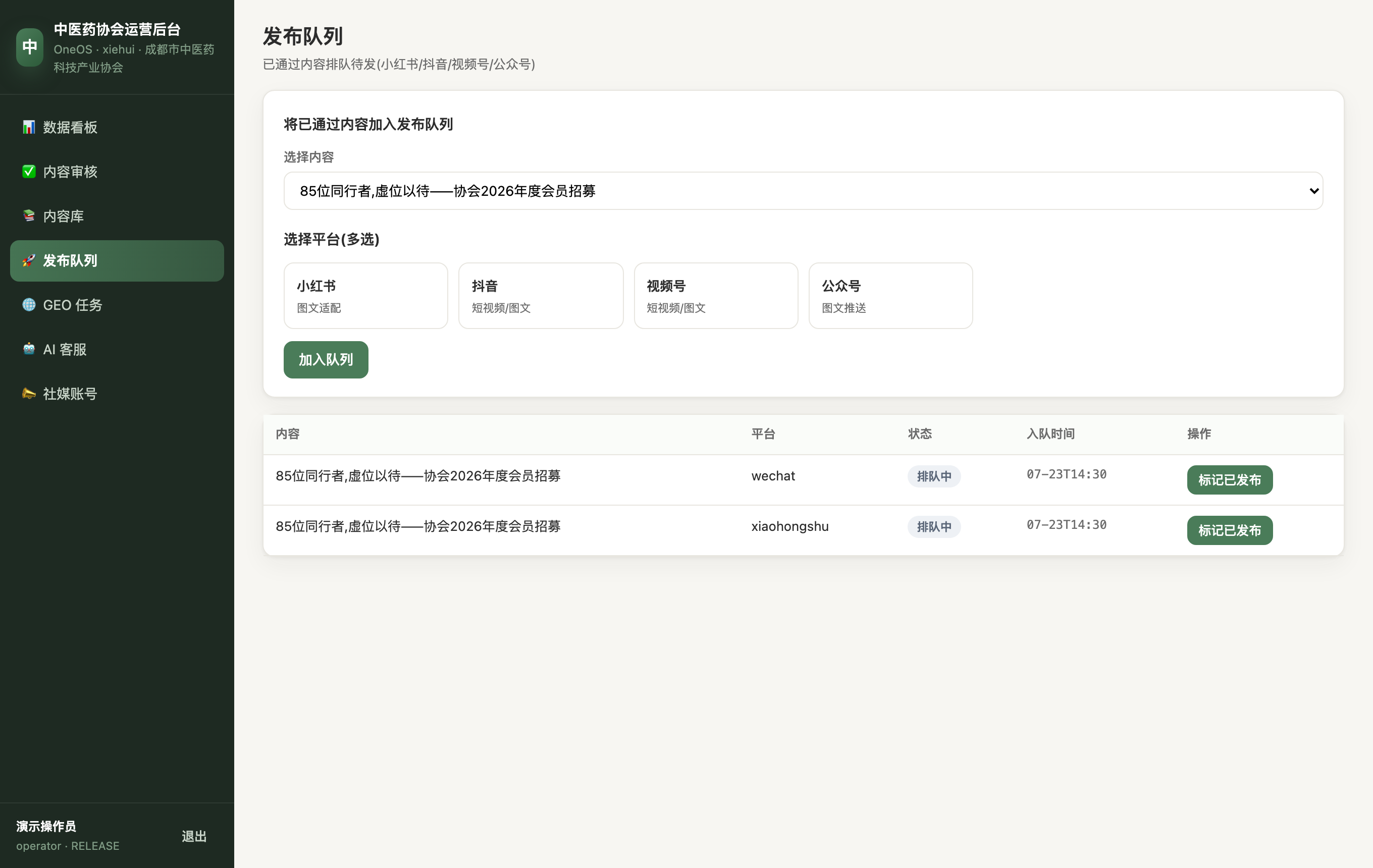 发布队列截图